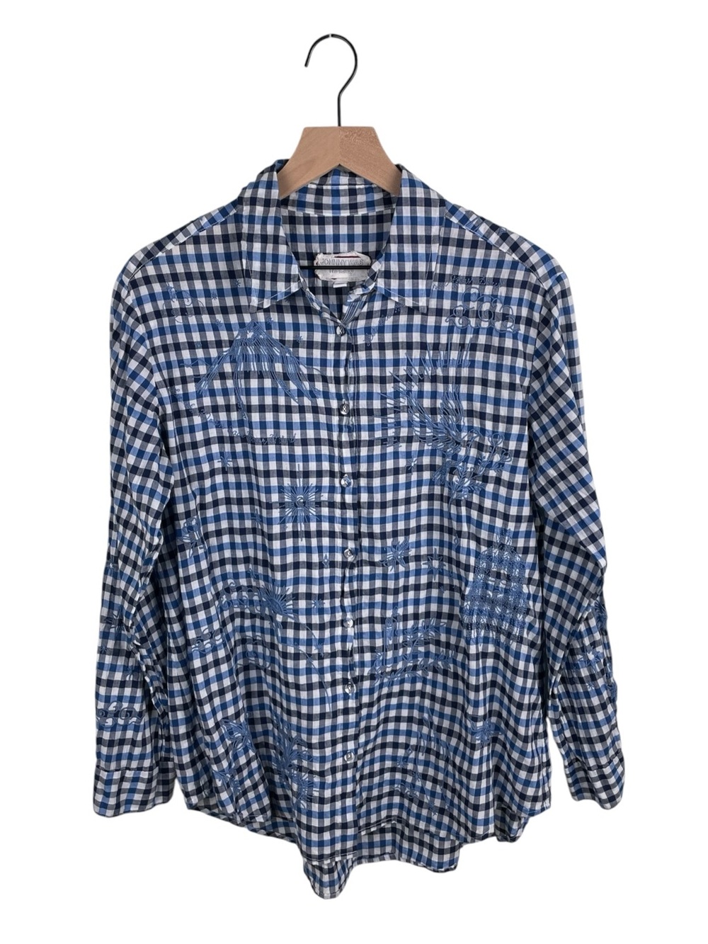 Johnny Was Blue Check Plaid Christy Oversized Button-Down Shirt Size Medium Boho